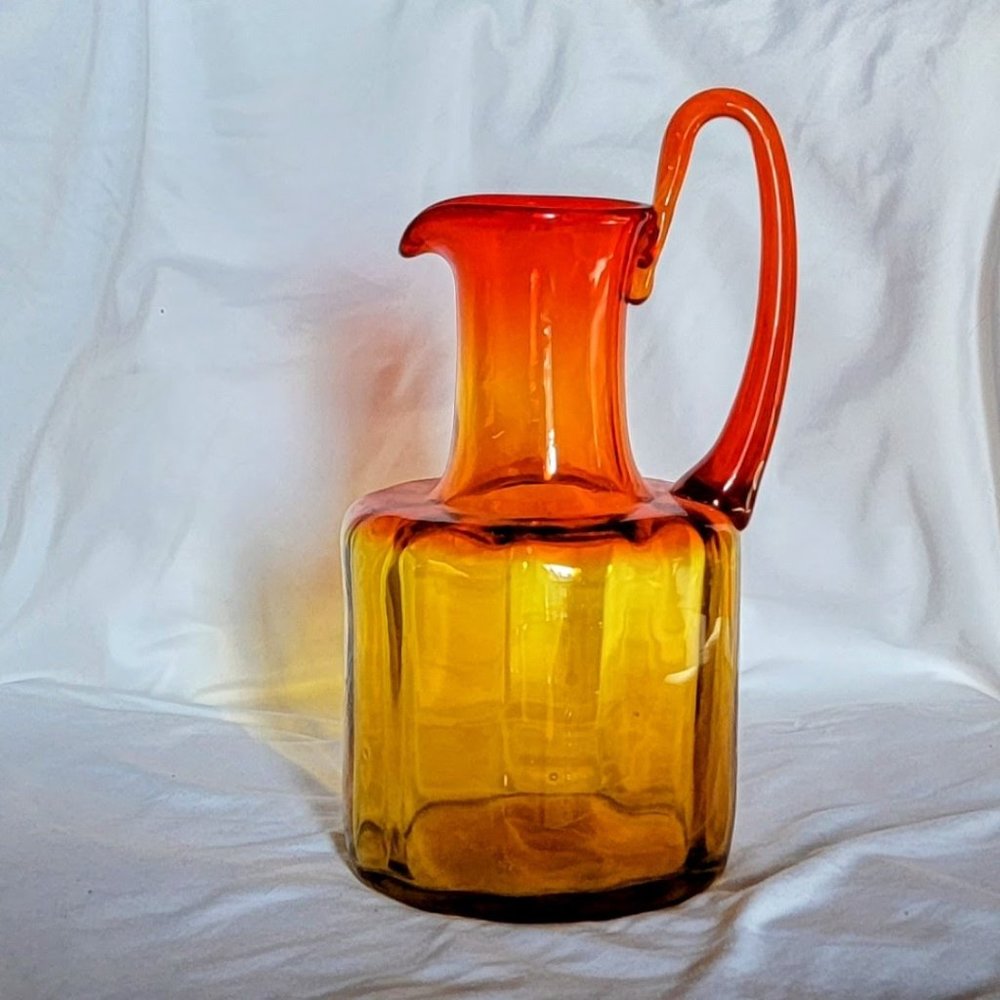 Vintage 10" Ombre Orange/Red Amberina Blenko Pitcher with elongated handle